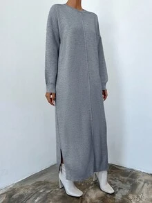 EURMUSE Women's Round Neck Solid Color Drop Shoulder Knitted Sweater Dress - Grey - View 3