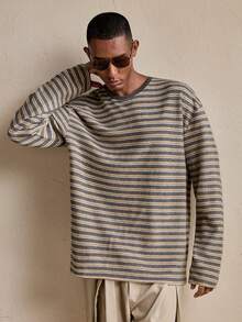 AKNOTIC Men's Striped Print Crew Neck Casual Versatile Long Sleeve T-Shirt