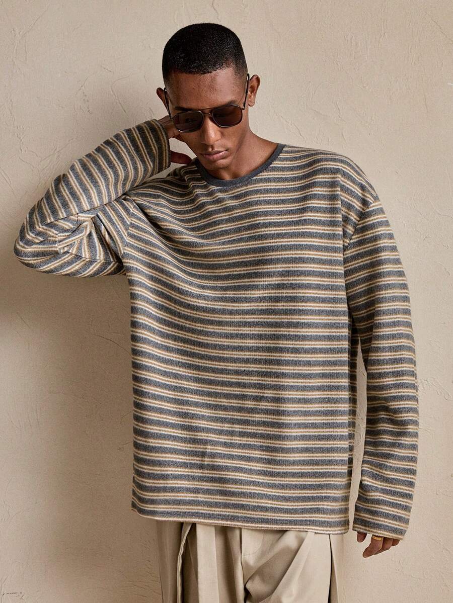 AKNOTIC Men's Striped Print Crew Neck Casual Versatile Long Sleeve T-Shirt