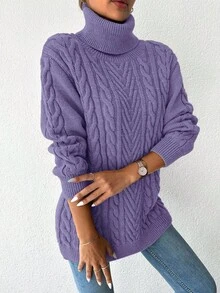 EURMUSE Turtleneck Cable Knit Drop Shoulder Sweater - Purple - View 5