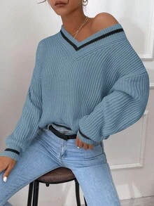Striped Trim Drop Shoulder Cricket Sweater