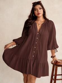 Elaquor Plus Size Casual Solid Color Notched Neck Lantern Sleeve Dress Brown/ Spring To Summer - Brown - View 6