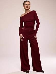 SHEIN BAE Elegant Commuter Solid Color Asymmetric Collar Top And Pants Set, Autumn - Burgundy - View 5