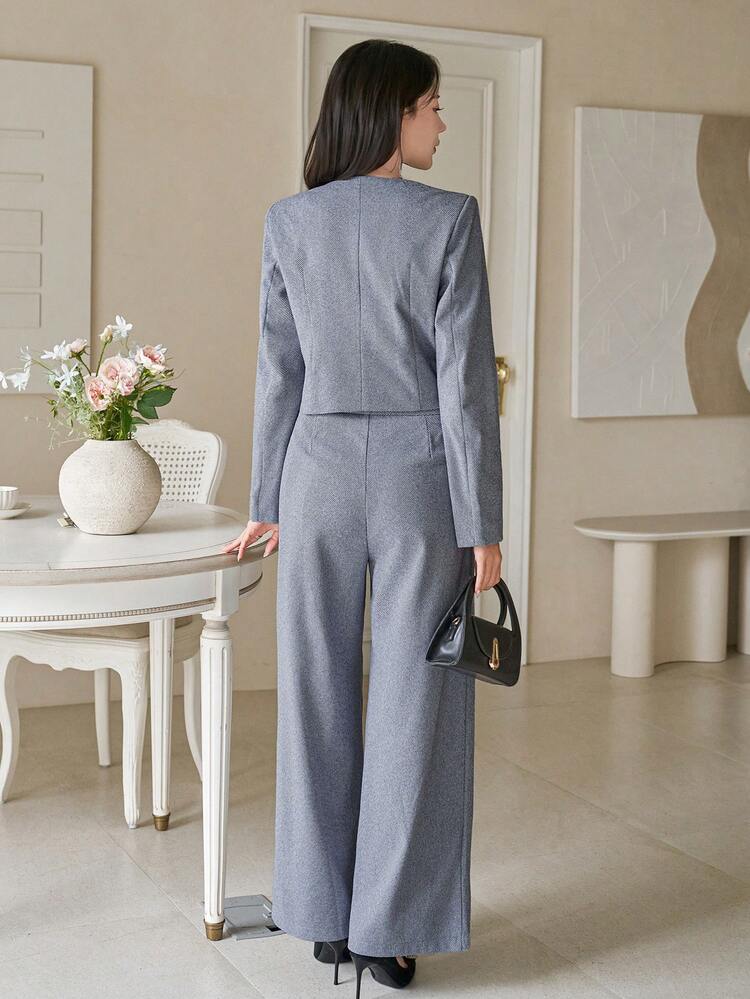 Women's Casual V-Neck Herringbone Jacket And Wide Leg Pants 2 Pieces Set, Autumn