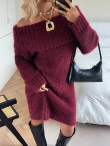 SHEIN EZwear 时尚露肩针织连衣裙，酒红色 - 酒紅色 - 查看 6