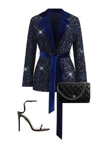 Gownix Women's Elegant Velvet Beaded Lapel Blazer, Suitable For Parties And Formal Events - Navy Blue - View 4