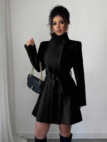 Elenzga 女士立领单排扣收腰中长款大衣 - 黑色 - 查看 5