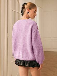 Chiquease Romantic V-Neck Loose Sequin & Rhinestone Embellished Floral Mesh Sweater For Women, Comfortable Pullover - Purple - View 2