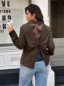 Easura Plus Size Plain Minimalist Long Sleeve Shirt, Casual Everyday Wear - Brown - View 6