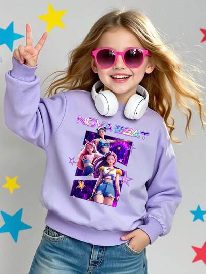 Sudadera con estampado gráfico de cazadora de brujas casual para niñas, cómoda, suave, de moda, adecuada para deportes al aire libre, los niños pueden usarla sola, top de manga larga