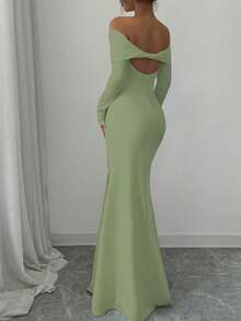 Rafferiza 性感优雅修身长袖束腰双层露肩扭背鱼尾下摆罗纹针织连衣裙，白色，秋冬 - 灰綠 - 查看 2