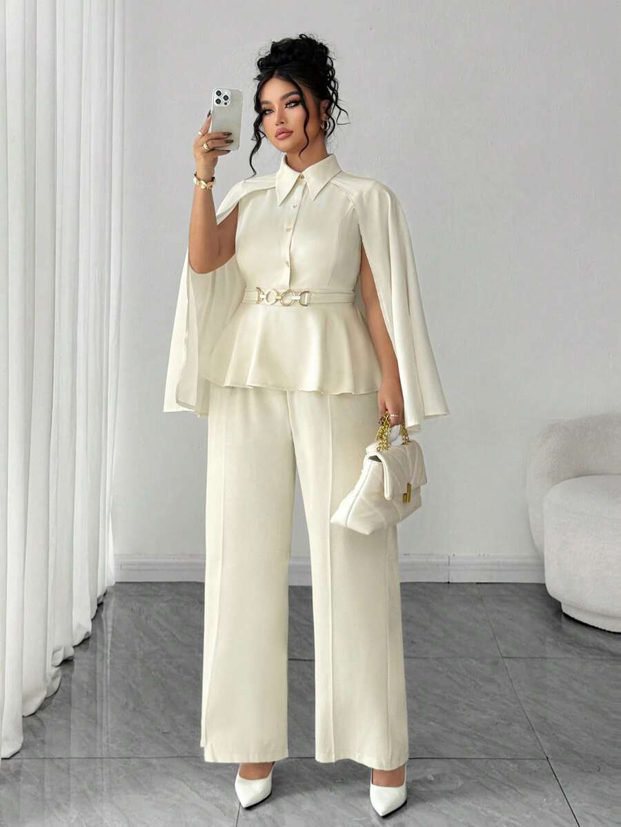 Elenzga Bộ 2 món áo choàng Poncho trơn màu cỡ lớn dành cho nữ kèm thắt lưng khóa kim loại, áo sơ mi và quần ống đứng, mùa thu/đông - Màu be - Xem 1