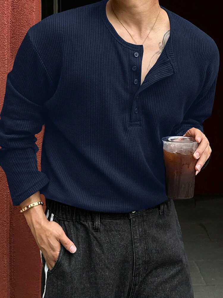 Men's Textured Solid Navy Basic Half-Zip T-Shirt Business Attire