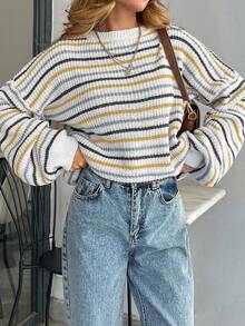 EURMUSE Women Stripe Pattern Round Neck Drop Shoulder Pullover - Multicolor - View 2
