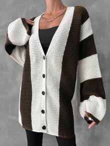 SHEIN Chaqueta De Manga Acampanada De Colores Contrastantes Para Mujer Sin Cinturón - Marrón Chocolate - Ver 5