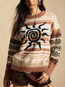 Easelle Vintage nomadischer Stil Rundhals Loose Fit Mehrfarbig Layered Damen Pullover