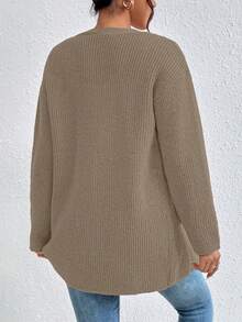 EURMUSE Dual Pocket Drop Shoulder Open Front Cardigan - Light Grey - View 2
