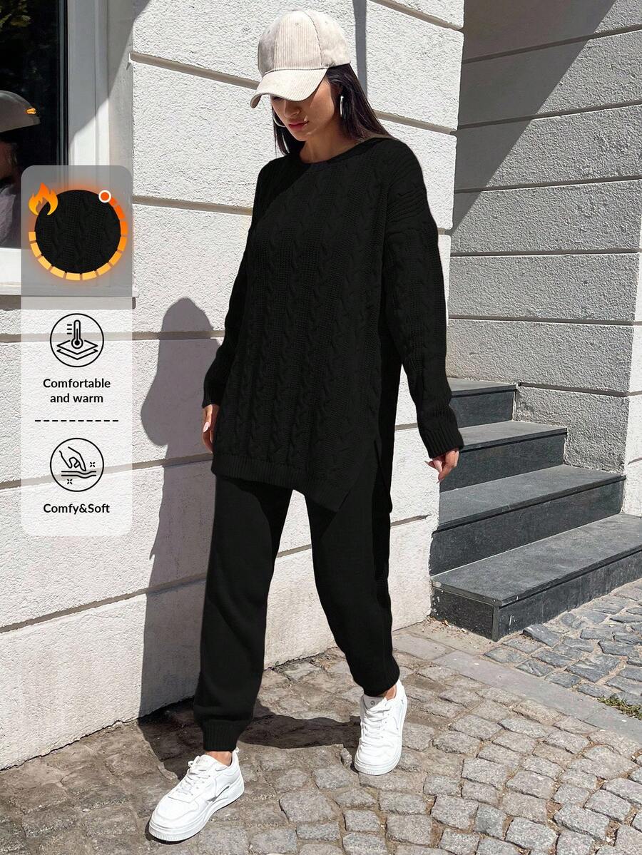 Cloudara Round Neck Long Sleeve Casual Sweater 2pcs/Set - Black - View 1