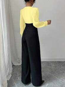Modelyn Elegant V-Neck Contrast Color Waist Cinched Loose Wide Leg Pants - Yellow - View 2
