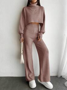 EURMUSE 2pcs Women Casual Long Sleeve Top And Pants Set - Dusty Pink - View 5