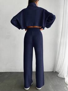 EURMUSE 2pcs Women Plain High Collar Long Sleeve Top And Pants Set - Navy Blue - View 2