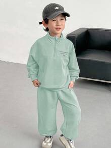 Genkimix Kids 2件套男童字母印花休闲上衣+纯色锥形休闲裤 - 綠色 - 查看 6