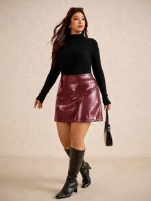 Elaquor Plus Size Solid Color High Waist Skirt, Suitable For Work Red Burgundy - Burgundy - View 5
