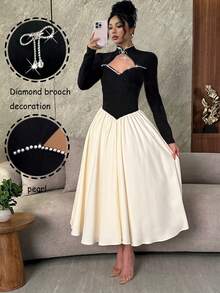 Elenzga Women's Color Block Rhinestone Decor Hollow Out Elegant Long Sleeve Midi Dress