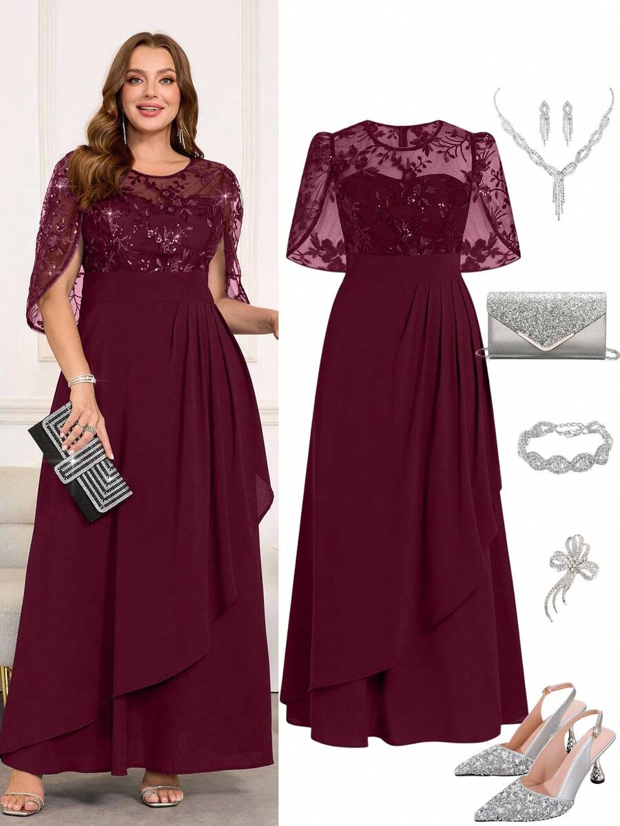 Ellevyn 大码女式优雅连衣裙，夏季长裙，带亮片刺绣，适合派对和聚会 - 酒紅色 - 查看 1