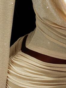 Amplova Women's Sexy 2 Pieces Set, Suitable For Party, Long Sleeve Top With Bra Cup And Mini Skirt, Autumn/Winter