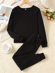 SHEIN 2 件套青少年女孩黑色保暖针织长袖上衣和打底裤打底衫套装，秋冬 - 黑色 - 查看 7