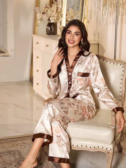 LuxeNights Women's Elegant Floral Print Faux Silk V-Neck Top & Pants Pajama Set Fall Winter Clothes