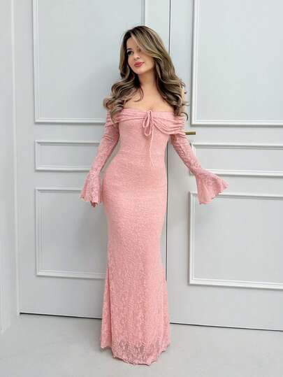 Jemour Women Off Shoulder Long Sleeve Front Tie Bodycon Dress,New Years Dress Women,New Year Party Dress,Valentine's Day,Pastel Dresses For Women