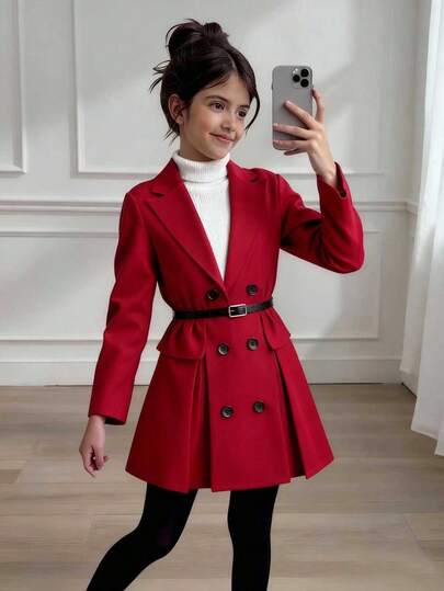 Elladie kids New Elegant French Style Red Long Sleeve Blazer Dress, Formal Occasion Design Sense Pleated Dress, Chic Goddess Lapel Double-Breasted Long Sleeve Dress Fall Winter  Princess  Halloween/Christmas Party Dresses For  Vacation  Autumn And Winter