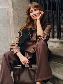 Écloséra Áo sơ mi nữ kẻ sọc với các chi tiết thiết kế, áo cánh rộng rãi phong cách retro đa năng, phù hợp cho mùa xuân và mùa thu - Nhiều màu - Xem 5