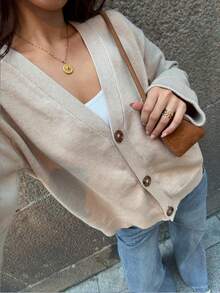 SHEIN Unity Women's Casual Fashionable Versatile Foldover Bell Sleeve Knit Cardigan, Autumn/Winter - Apricot - View 3