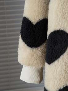 Tween Girls Casual All-Match Versatile Homewear Daily School Linen Heart Jacquard Fleece Collar Open Front Mid-Length Autumn/Winter Jacket - Khaki - View 3