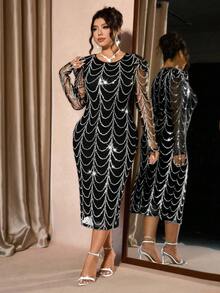 Cravure Glänzendes, transparentes, sexy Kleid mit Rundhalsausschnitt und Raglanärmeln für Damen in Große Größen