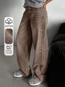 Dazy Tall 女式宽松街头风格直筒牛仔裤，高腰 - 棕色 - 查看 1