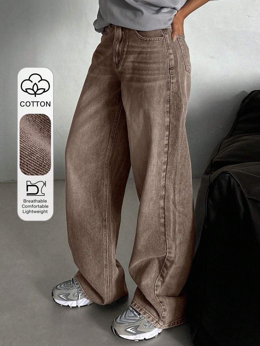 Dazy Tall 女式宽松街头风格直筒牛仔裤，高腰 - 棕色 - 查看 1