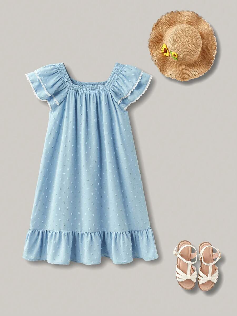 Joliand 1 件青少年女孩优雅都市可爱蓝色荷叶边 A 字无袖连衣裙，适合各种场合，旅行，派对，海滩，夏季 - 藍色 - 查看 1