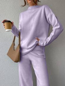 SHEIN Cottnline 2pcs/Set Solid Color Half-High Turtle Neck Drop Shoulder Loose Fit Sweater Set - Mauve Purple - View 5
