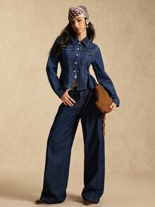 Easelle 复古游牧风褶裥阔腿金属装饰女式牛仔裤 阔腿牛仔裤 超大码牛仔裤 宽松牛仔裤 - 藍色 - 查看 7