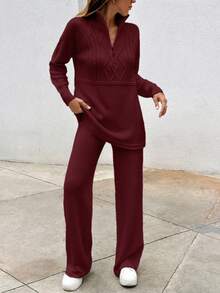 EURMUSE Elegant Cable Knit Sweater With Zipper & Sweater Pants Co-Ords - Burgundy - View 6