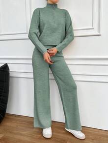 EURMUSE 2pcs Women Sweater Set: Solid Color Zipper Top And Long Pants - Mint Green - View 5