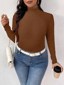Plus Size Solid Color Turtleneck Casual Versatile Long Sleeve Pullover Sweater - Brown - View 5