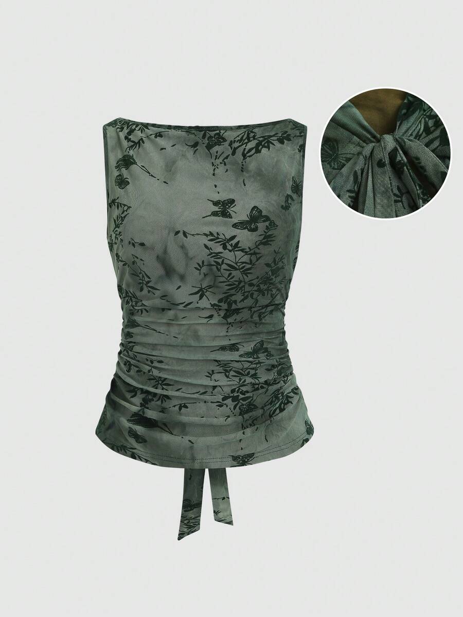 Sweetra 全新秋季网眼植绒复古蝴蝶结设计 Y2K 性感女式吊带背心，日常穿着 - 墨綠色 - 查看 1