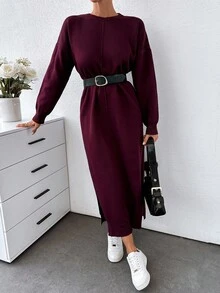 EURMUSE Solid Drop Shoulder Sweater Dress - Coffee Brown - View 3