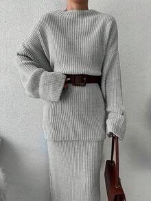 EURMUSE Women's Solid Color Knitted Sweater 2pcs/set (without Belt) - Light Grey - View 4