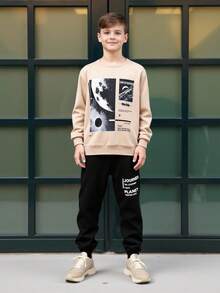 SHEIN 2件組青少年男孩休閒日常舒適字母印花連帽衛衣與寬鬆慢跑褲套裝 男孩休閒套裝 秋冬休閒兩件套 適合生日派對、晚會、表演、婚禮、洗禮、開學典禮 日常穿著 適合學校 適合旅行 適合運動 適合秋冬 - 彩色 - 查看 6